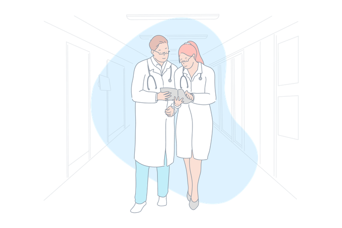 Male and female doctors studying medical record  イラスト