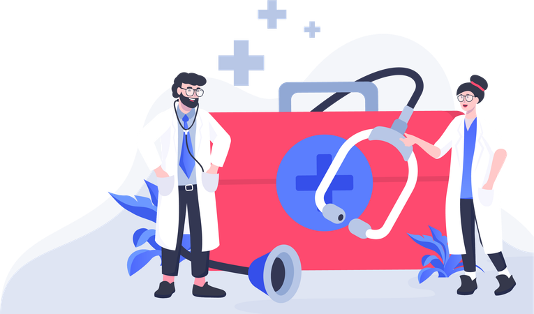 Male and female doctors with first aid kit  Illustration