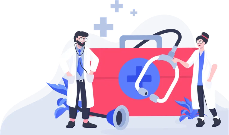 Male and female doctors with first aid kit  Illustration