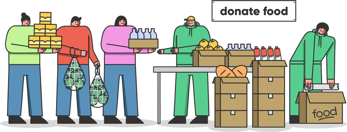Male And Female Donating Food Supply To Charitable Organization Illustration