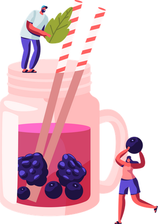 Male and Female Drinking Cold mint and berries juice at Summer Time Illustration