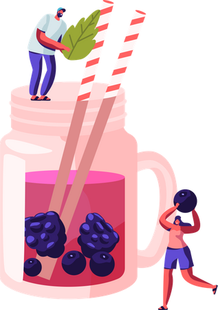 Male and Female Drinking Cold mint and berries juice at Summer Time  Illustration