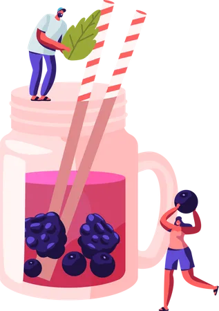 Male and Female Drinking Cold mint and berries juice at Summer Time  Illustration