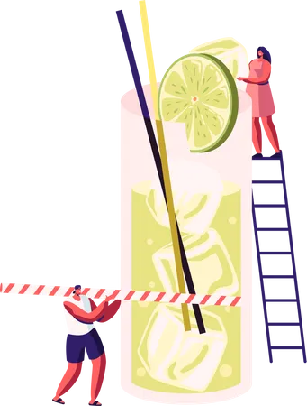 Male and Female Drinking Lime juice at Summer Time  Illustration