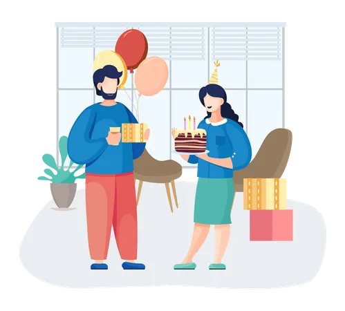 Happy Birthday Party At Home With Friends Man And Woman Happy Family Celebrating Holiday With Cake And Gifts Congratulations To Friend Fun Birthday Girl Blows Out Candles On Cake Greeting Event Illustration