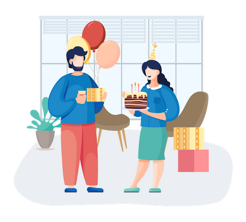 Male and female employee celebrating Birthday party at office  Illustration