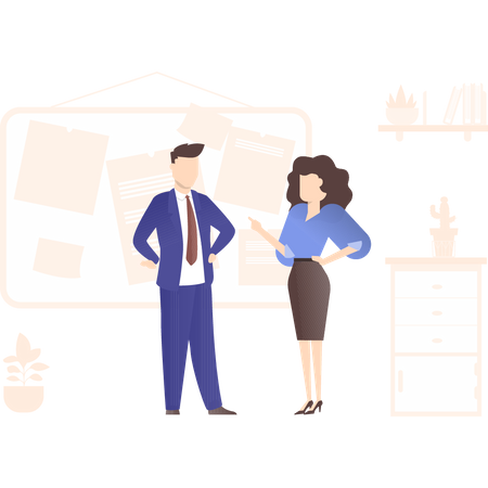 Male and female employee discuss business strategy Illustration