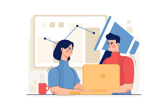 Male and female employee doing online marketing Illustration