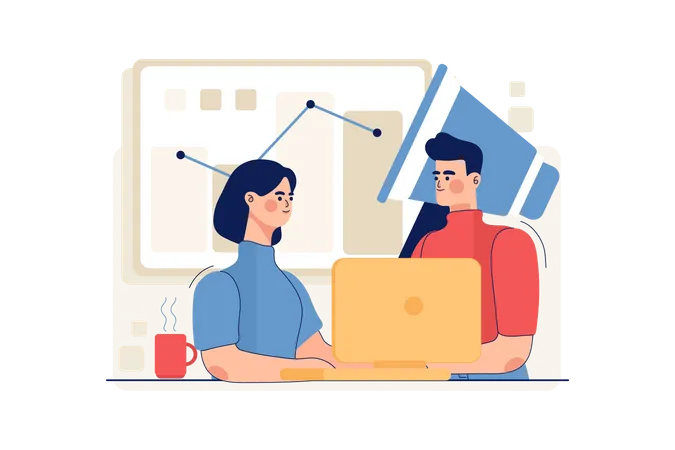 Male and female employee doing online marketing  Illustration