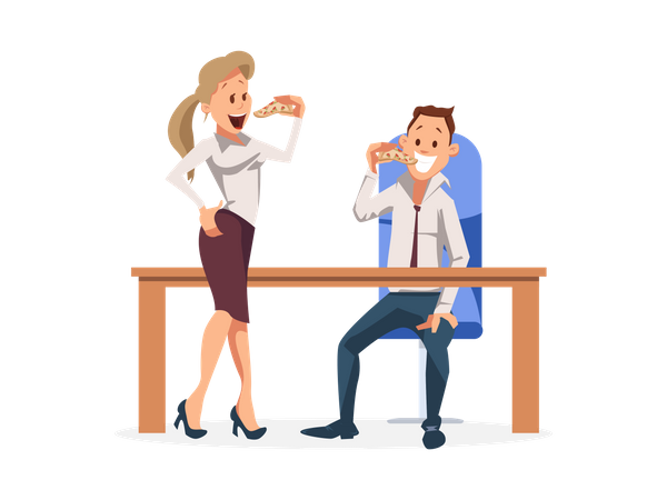 Male and female employee eating pizza in the office  Illustration