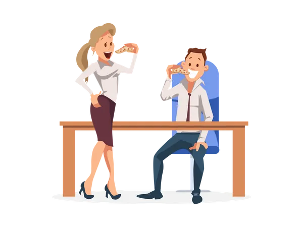 Male and female employee eating pizza in the office  Illustration