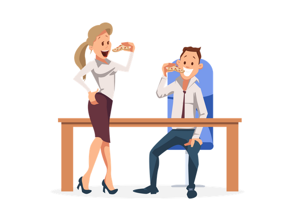 Male and female employee eating pizza in the office  イラスト