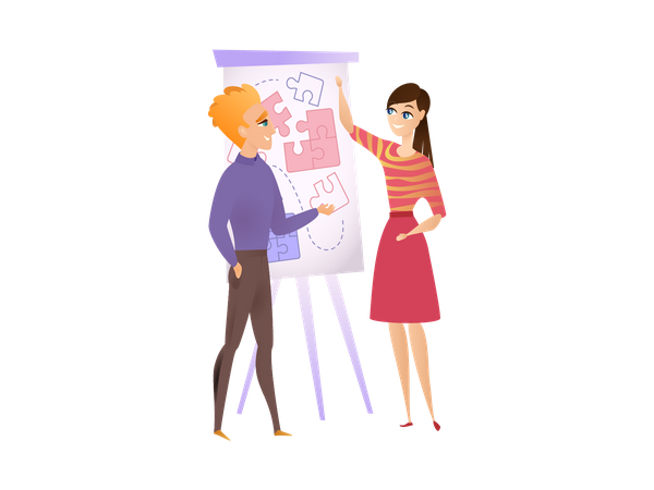 Male and female employee finding solution Illustration