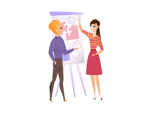 Male and female employee finding solution Illustration