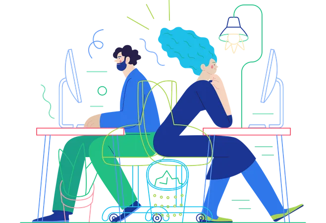 Male and female employee working at office desk Illustration