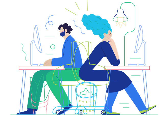 Male and female employee working at office desk  Illustration