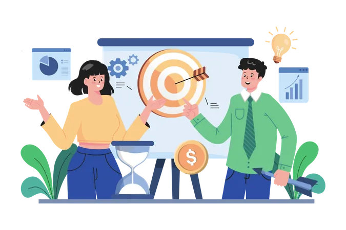 Male and female employee working on goal  Illustration