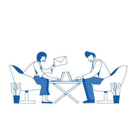 Male and female employee working on laptop  Illustration