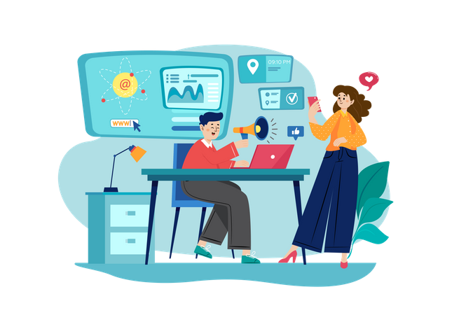 Male and female employees doing online marketing Illustration