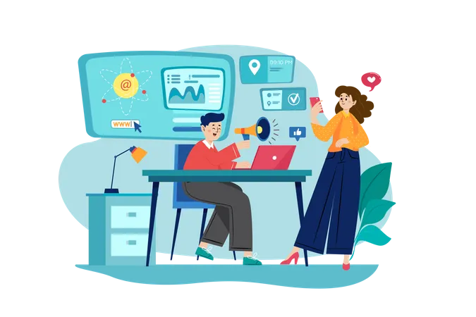 Male and female employees doing online marketing  Illustration