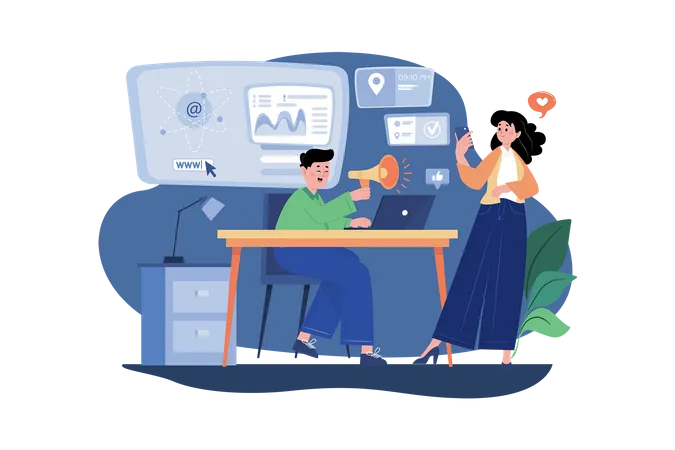 Male And Female Employees Doing Online Marketing  Illustration