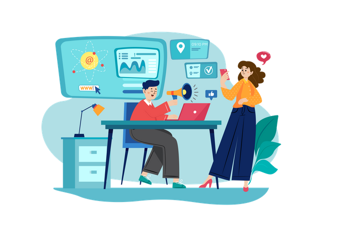 Male and female employees doing online marketing  Illustration
