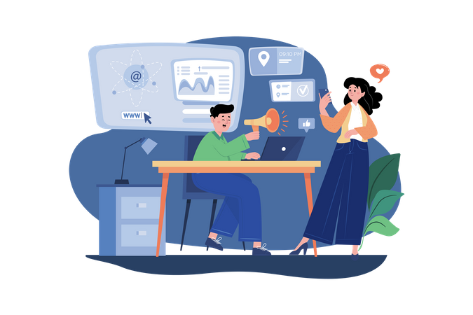 Male And Female Employees Doing Online Marketing  Illustration