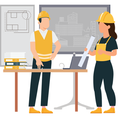 Male and female engineer discussing something  Illustration