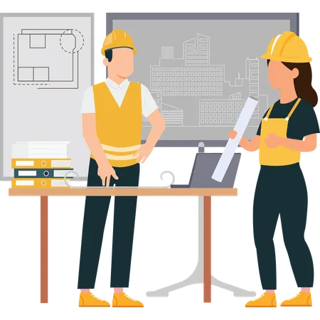 Male and female engineer discussing something  Illustration