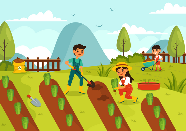 Male and female farmer digging using shovel  Illustration