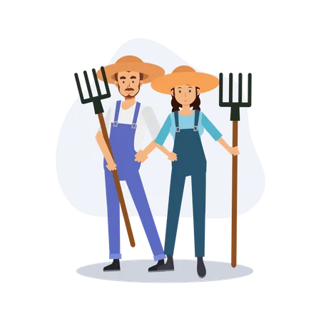 Male and female farmer is holding a rake Illustration