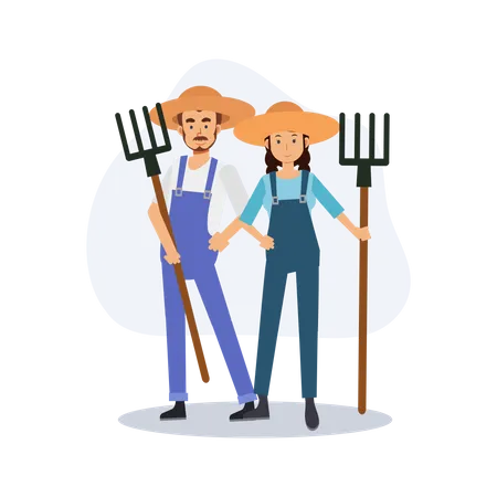 Male and female farmer is holding a rake  Illustration