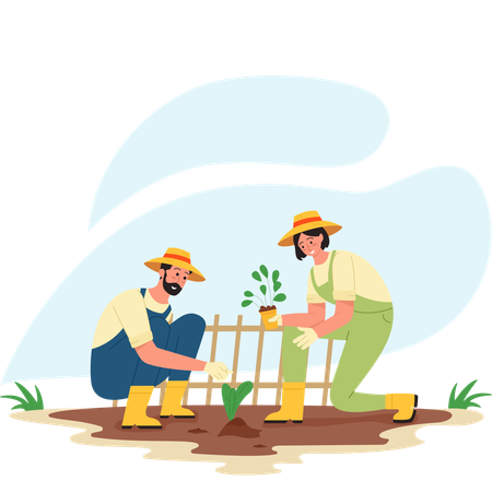 Male and Female farmer planting plant in Nursery  Illustration