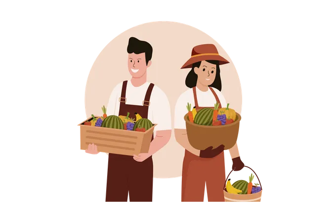 Male and female farmers harvesting fruit Illustration