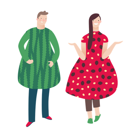 Male and female fashion model wearing fruit dress  Illustration