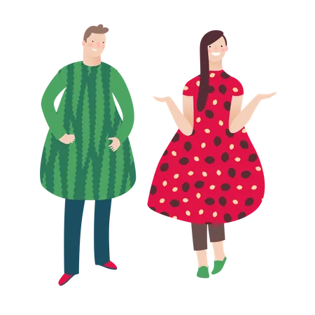 Male and female fashion model wearing fruit dress  Illustration