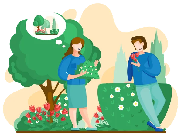 Male and female gardener planting flowers  Illustration