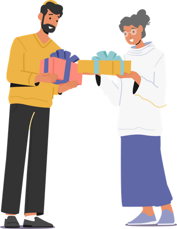 Male And Female Giving Presents To Each Other For Holidays Celebration Illustration