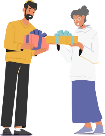 Male And Female Giving Presents To Each Other For Holidays Celebration  Illustration