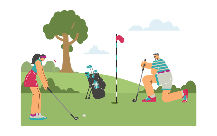 Male and Female Golf player playing golf match at golf club  Illustration