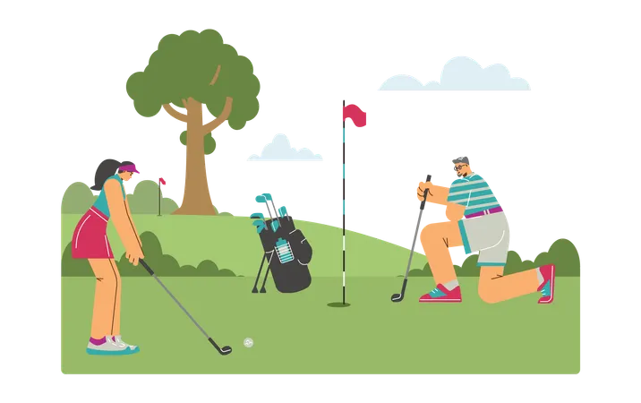 Male and Female Golf player playing golf match at golf club  Illustration