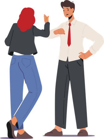 Male and Female Greeting Each Other Hitting with Elbows  Illustration