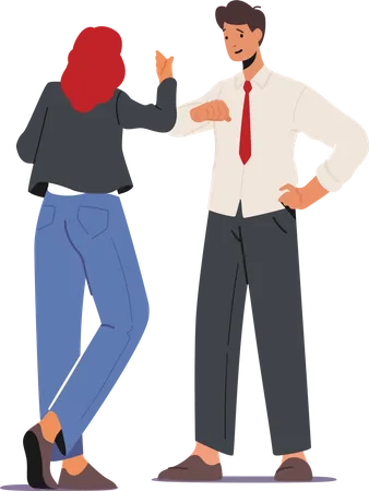 Male and Female Greeting Each Other Hitting with Elbows  Illustration