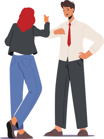 Male and Female Greeting Each Other Hitting with Elbows  イラスト