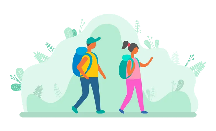 Male and female hiker with backpack Illustration