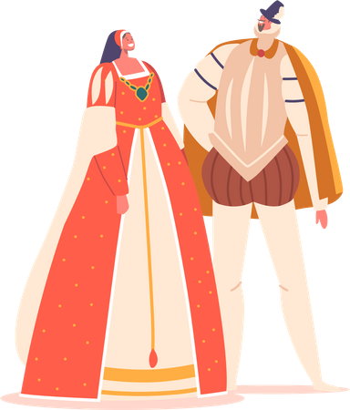 Male and Female In Renaissance Era Costumes Wear Elaborate And Ornate Clothing  Illustration