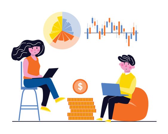 Male and female investor investing in stock market Illustration