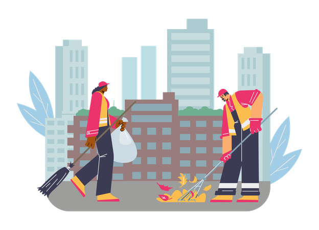 Male and female janitors in bright overalls and special clothes clean street  Illustration