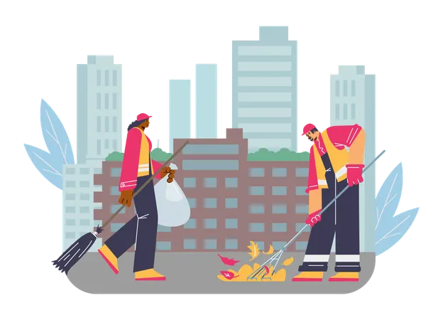 Male and female janitors in bright overalls and special clothes clean street  Illustration