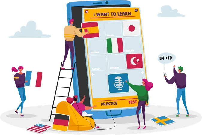 Male and Female Learning Foreign Language Courses Illustration